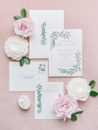 pink and white wedding stationary
