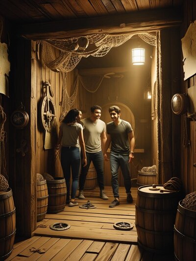 General decription____Cinematic scene inside an escape room themed environment. Include realistic lighting, shallow depth of field, high contrast, dramatic shadows, and immersive set design. Show a group of 3- (14)