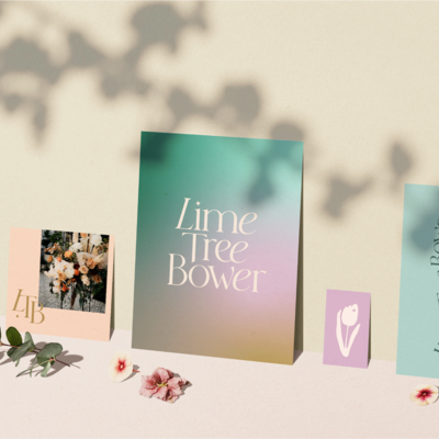 Lime Tree Bower collateral mockup on a cream background with a shadow overaly