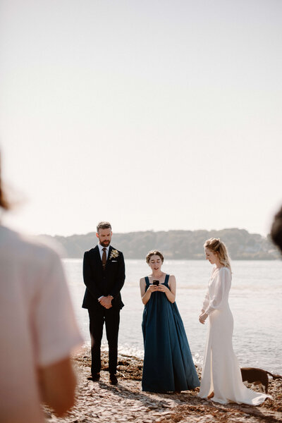 Coastal and intimate ceremony on Maine coast  with bride and groom