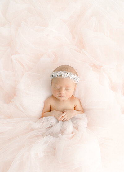 Photo of a newborn baby girl laying on a bed of tulle fabric in a las vegas photography studio as she sleeps