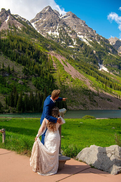 Wedding ceremony at Maroon Bells in Aspen Colorado in the spring.