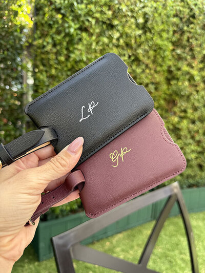 Calligraphed hot foil service on Leatherology luggage tags for high profile client event