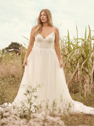 There's a love language to a romantic and simple V-neck chiffon bridal gown. So whatever your communication style, you can say a lot with a lace bodice, illusion details, and effortless jersey lining.