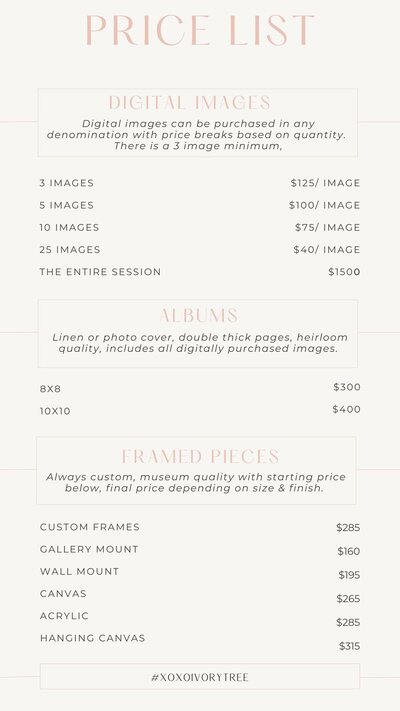 Price list for Ivory Tree Portraits