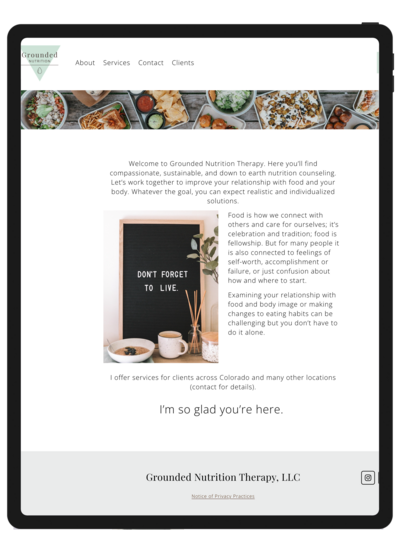 A screenshot of Grounded Nutrition Therapy's previous website design displayed on an iPad, showing the outdated layout and structure before the redesign by Unica Formo to enhance user experience and functionality.