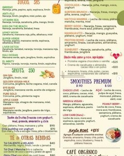 Menú en español de Orangy Smoothies en Sayulita con opciones saludables como jugos frescos, smoothies, bowls nutritivos, café y snacks naturales.