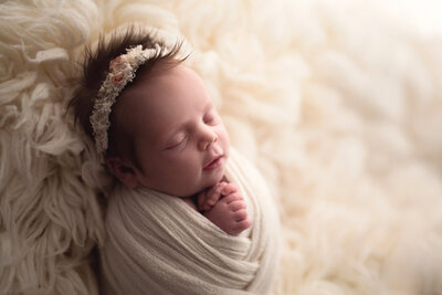 Newborn baby girl swaddled in a soft white muslin wrap sleeping on a white flokati.