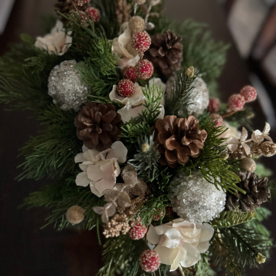Berries, pinecones, and snowball faux floral arrangement