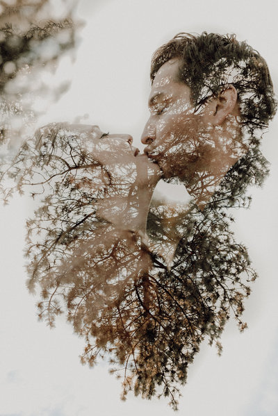 missoula montana engagement couple, kissing and double exposure