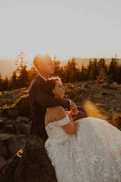 Bride and groom exploring whidbey island