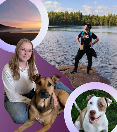 Designer Saara of Helia Studios with dog companions, outdoors by a lake