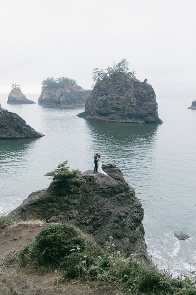 bride and groom portrait after their elopement ceremony in La  Push, Washington.