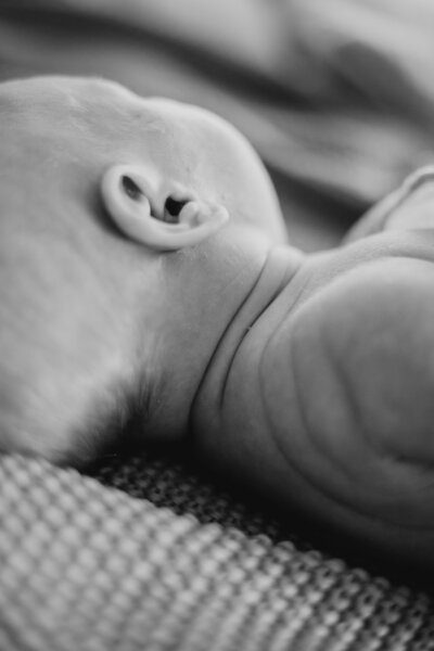 Schwarz weiss Close Up von dem Nacken eines Babys