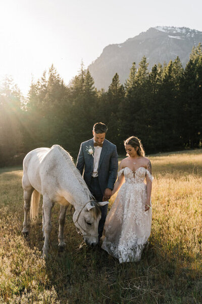 A bride and groom walk through a field in Leavenworth on their elopement day with a white horse