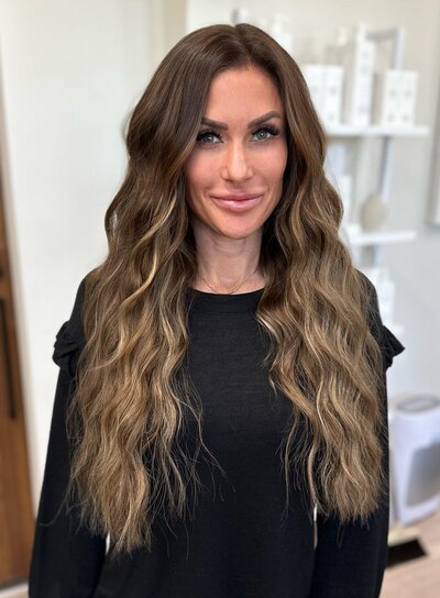 NOVA Strands Salon Plano TX Client with Dimensional Brunette Balayage Extensions