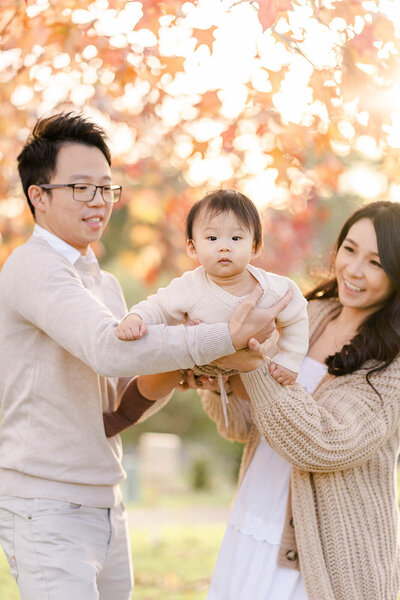 Young asian family flying their son in the air as sunset light shines through autumn leaves in Sunnybank.