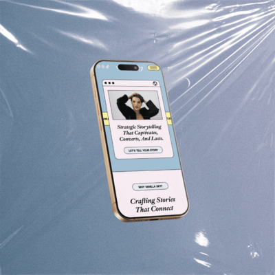 A floating iPhone displaying the Vanilla Sky website, showcasing a sleek, minimalist design with a focus on strategic storytelling and brand messaging.