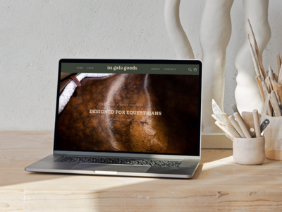 Hero image of a website homepage with a photograph of a bay horse with a saddle for an equestrian stationery company
