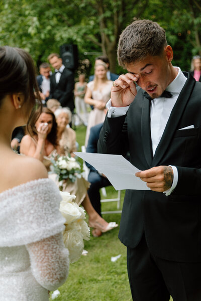 Luxury wedding in Europe – sophisticated bride in a modern wedding gown and groom in a timeless suit.