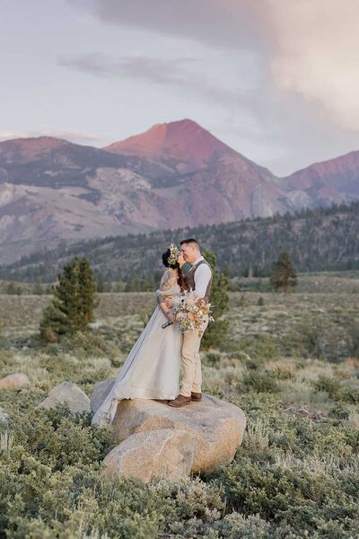 A bride and groom walk through Tuolumne Meadows in Yosemite National Park. 