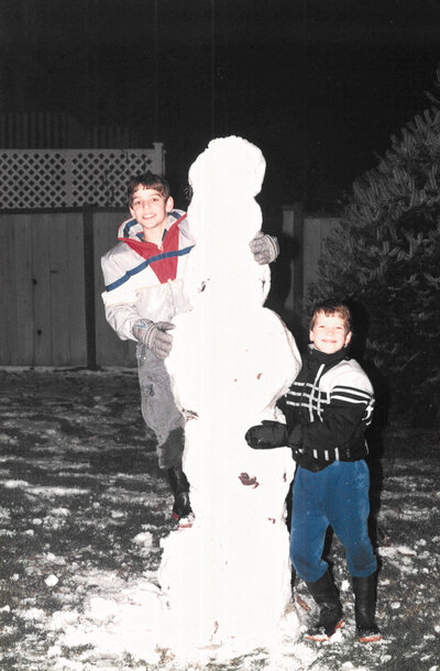 Brent Ray Fraser and Gordon With Snowman - Winter 1987