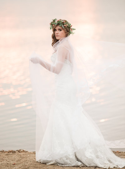 Beautiful bride at golden hour with flower crown