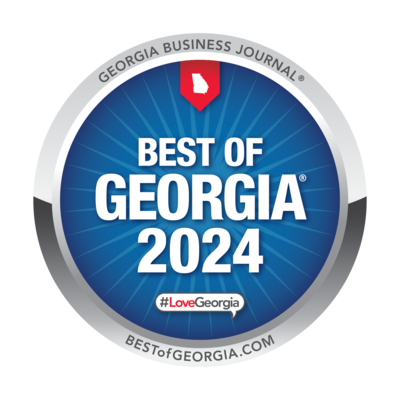 Best maternity and newborn photographer in the state of Georgia award logo blue with white writing and Best of Georgia ribbon
