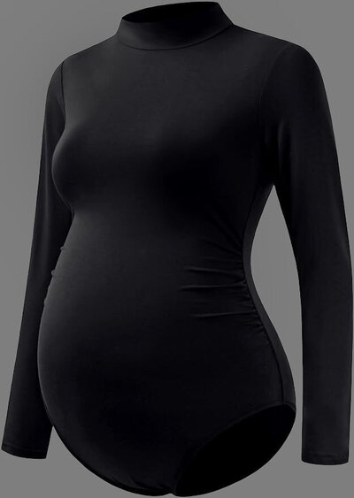 A black maternity bodysuit on a simple grey background