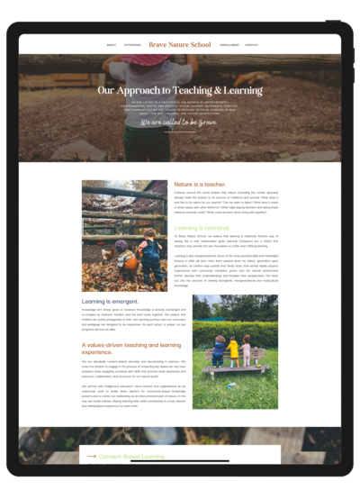 A screenshot of the newly redesigned Brave Nature School website displayed on an iPad, showcasing the modern, user-friendly layout and improved functionality after the redesign by Unica Formo.