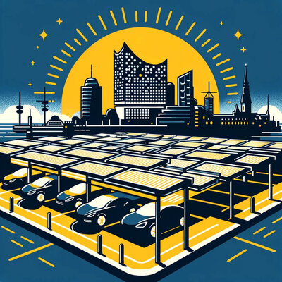 Ein Bild im Comic-Stil, das Sun and Charge repräsentiert: im Vordergrund sind mehrere Autos unter Solaranlagen zu sehen. Im Hintergrund sieht man die Elbphilharmonie, ein Wahrzeichen Hamburgs, wo Sun and Charge ansässig ist.