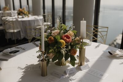 wedding reception table with bouquet and. candles