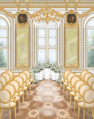 Elegant 3d draft of a luxury wedding ceremony with fresh flowers, designed and executed by ÈCLAT Destination Weddings