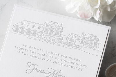 grey letterpress venue illustration wedding invitations, Park Chateau NJ wedding invitations, invitation print methods
