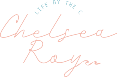 Sans serif light blue text arching above with coral colored "Chelsea Roy" in a script