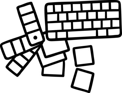 A black and white illustration of a computer keyboard alongside overlapping color swatches and square cards, representing digital design or creative work.