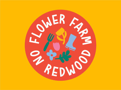 Flower farm on redwood logo with garden doodles