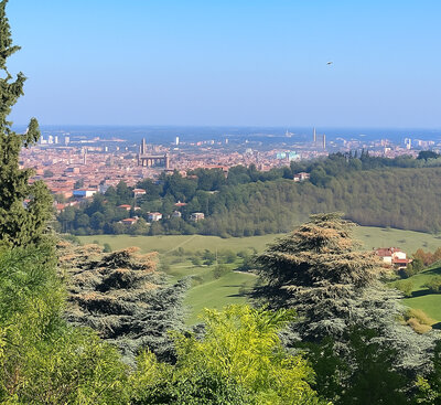 A cityscape view of Bologna from Santuario della Madonna di San Luca.