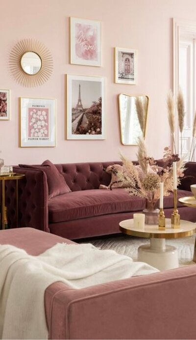Romantic Living room with boho and blush colors and Paris inspo