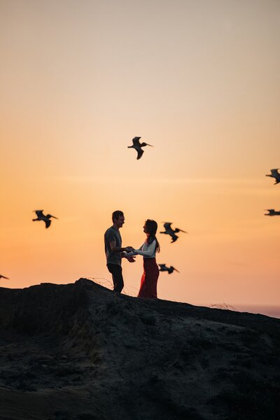 Silhouette of a couple facing each other holding hands on a cliff while pelicans fly behind them during sunset in pacific city