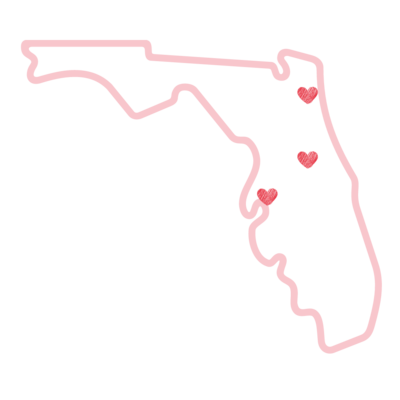 Image of the state of Florida with hearts over North, Central and West Florida