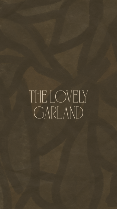 The Lovely Garland logo on a brown textured background