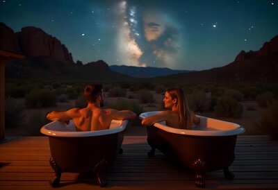 Two couples soaking in outdoor bathtubs under a starlit sky, part of an exclusive honeymoon adventure blending luxury and nature in Southern California.