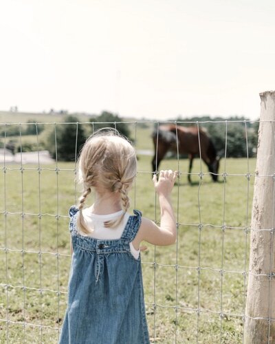 A very young, blonde girl wearing blue overalls looking at a horse in the background