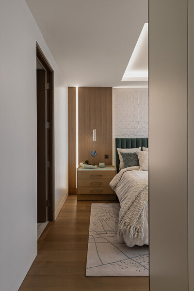Close up of hallway to modern, textural bedroom in Salt Lake City, designed by Sister Studio.