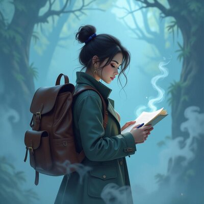 Girl with a backpack walking in forrest at night reading