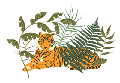 Composition illustration of a tiger amid foliage