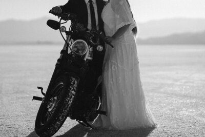 Motorcycle elopement on the Bonneville Salt Flats in Utah.
