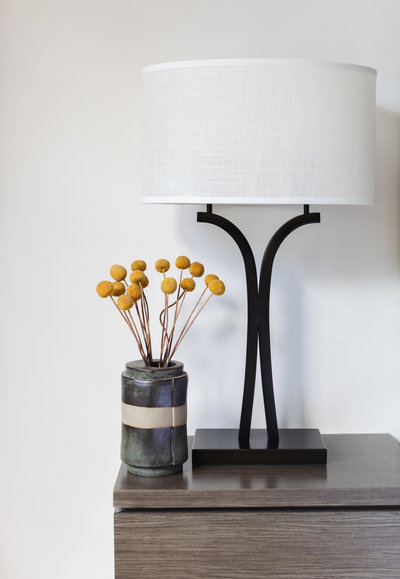Amanda Wyeth Design| Bronze Stem Oval Bedside Lamp|Mustard Pom Flowers Pottery Vase