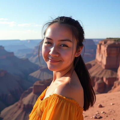 A person with dark hair in a bun smiles at the camera while wearing a purple shirt. The soft, natural lighting highlights a cozy space in Tolleson, Arizona—ideal for massage therapy—with beige walls and partially visible text and a framed item.